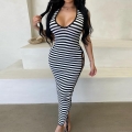 Women Sexy Black And White Striped Knit Maxi Dress Deep V-Neck Halter Sleeveless Side Hollow Out Lace-Up Bodycon Long Dress For Summer Party Daily Wear