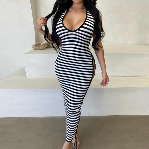 Women Sexy Black And White Striped Knit Maxi Dress Deep V-Neck Halter Sleeveless Side Hollow Out Lace-Up Bodycon Long Dress For Summer Party Daily Wear