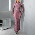 Sexy Snake Print Ice Silk Maxi Dress Vintage High Neck Long Sleeve Slit Bodycon Party Dress For Women Streetwear Clubwear
