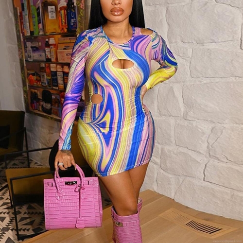 Women's Sexy Hollow Out Long Sleeve Mini Dress Polyester Spandex Abstract Marble Wave Print Bodycon Party Club Streetwear Dress