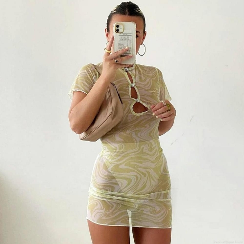 Women Sexy Yellow Marble Print Mesh Mini Dress Hollow Out Bodycon Short Sleeve Short Dress For Party Clubwear Summer