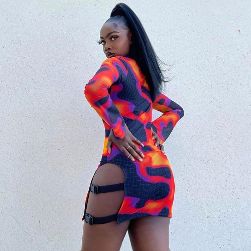 Women's Slim Fit Flame Print Long Sleeve Mini Dress With Side Cutout Buckle Decoration Sexy Streetwear Bodycon Clubwear Party Dress