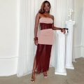 Women Sexy Color Block Mesh Stitching Tube Top Maxi Dress Off Shoulder Slim Fit High Slit Evening Party Long Dress Pink Burgundy Polyester Knit Dress