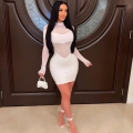 Women Sexy White Mesh Patchwork Bodycon Mini Dress Mock Neck Long Sleeve Sheer Splicing Club Party Dress Elegant Streetwear Slim Fit Polyester Spandex Short Dresses