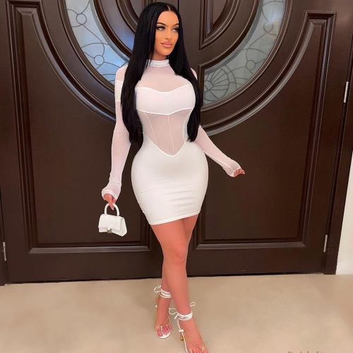 Women Sexy White Mesh Patchwork Bodycon Mini Dress Mock Neck Long Sleeve Sheer Splicing Club Party Dress Elegant Streetwear Slim Fit Polyester Spandex Short Dresses
