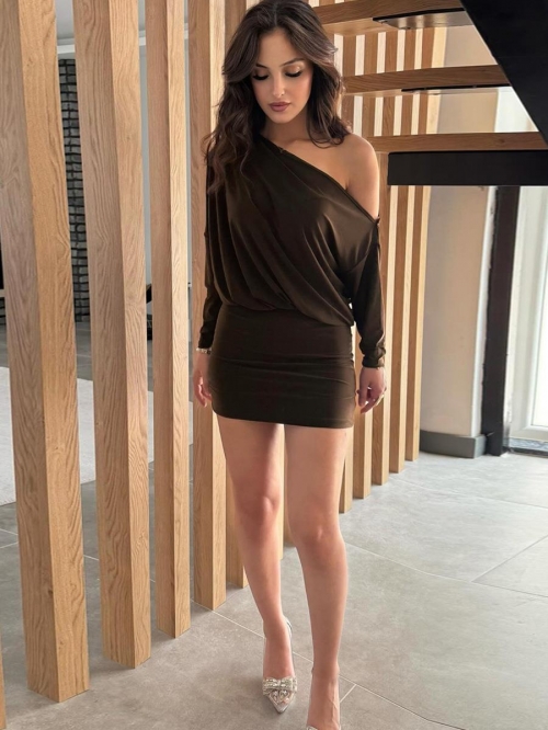Women Sexy One Shoulder Long Sleeve Ruched Bodycon Mini Dress Chic Polyester Spandex Solid Coffee Brown Party Club Night Out Tight Short Dress