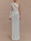 Women's Sexy One Shoulder Cut Out Maxi Dress Knitted Long Sleeve Bodycon Pleated Floor Length Evening Party Clubwear Streetwear Elegant Gown White