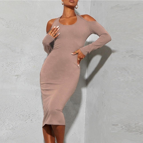 Women Sexy Cold Shoulder Halter Neck Midi Dress Bodycon Cutout Long Sleeve Solid Color Sheath Dress For Party Club Streetwear Elegant Outfits
