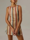 Women's Sleeveless Knit Mini Dress Retro Wave Pattern Contrast Color Crew Neck Slim Fit A-Line Short Dress For Daily Vacation Party