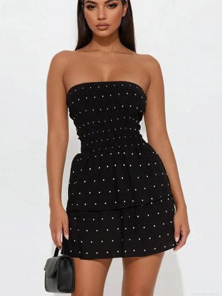 Women's Sexy Off-Shoulder Polka Dot Mini Dress Elegant Smocked Waist Tiered Ruffle Hem A-Line Chiffon Sundress For Party Vacation Summer Date Night