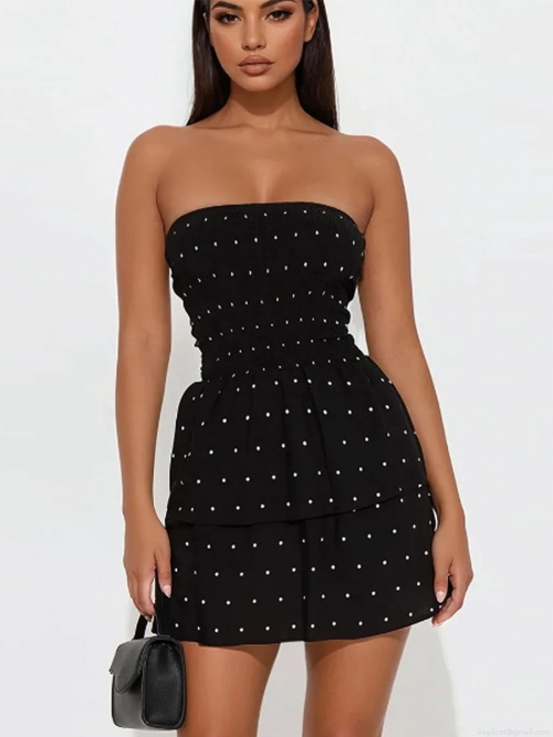 Women's Sexy Off-Shoulder Polka Dot Mini Dress Elegant Smocked Waist Tiered Ruffle Hem A-Line Chiffon Sundress For Party Vacation Summer Date Night