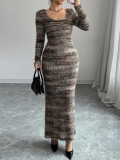 Women's Striped Shaggy Knit Maxi Dress Long Sleeve Round Neck Slim Fit Back Split Elegant Bodycon Fall Winter Dress