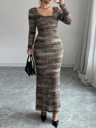 Women's Striped Shaggy Knit Maxi Dress Long Sleeve Round Neck Slim Fit Back Split Elegant Bodycon Fall Winter Dress