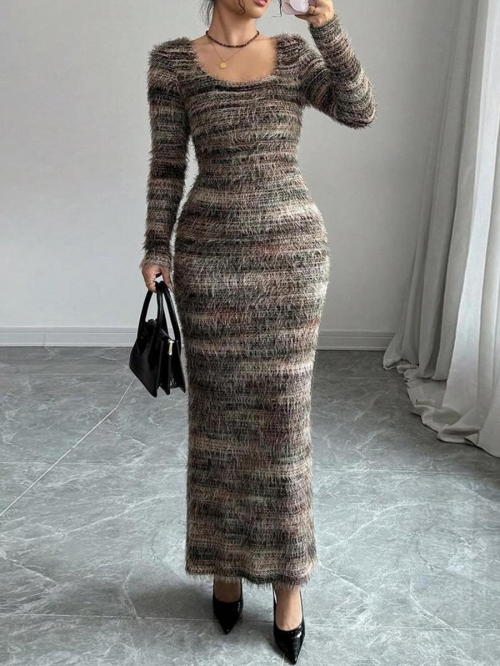 Women's Striped Shaggy Knit Maxi Dress Long Sleeve Round Neck Slim Fit Back Split Elegant Bodycon Fall Winter Dress