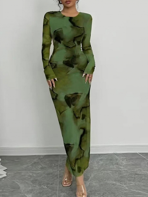 Women's Elegant Abstract Marble Print Long Sleeve Maxi Dress Slim Fit High Stretch Milk Silk Bodycon Pencil Long Gown for Autumn Winter Commuting Party