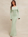 Women's Sexy Backless Maxi Dress Flare Sleeve Tie Back Knitted Milk Silk Solid Color Bodycon Long Dress For Party Club Banquet Elegant Mint Green Dress