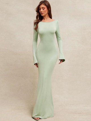 Women's Sexy Backless Maxi Dress Flare Sleeve Tie Back Knitted Milk Silk Solid Color Bodycon Long Dress For Party Club Banquet Elegant Mint Green Dress