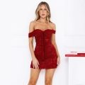 Women Sexy Off-The-Shoulder Mini Dress Wine Red Jacquard Floral Mesh Bodycon Strapless Backless Bow Tie Party Club Evening Dress Elegant Slim Fit Short Dress