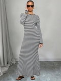 Women's Black White Striped Maxi Dress Round Neck Long Sleeve Backless Tie Back Slim Fit Knit Fishtail Bodycon Long Dresses For Party Dating Autumn Winter