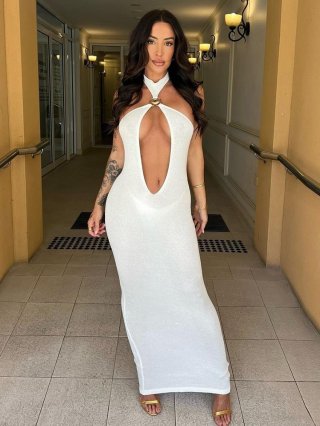 Sexy White Halter Hollow Out Backless Maxi Dress Women Elegant Ribbed Knit Bodycon Long Dress With Gold Shell Metal Buckle For Party Club Summer Vacation