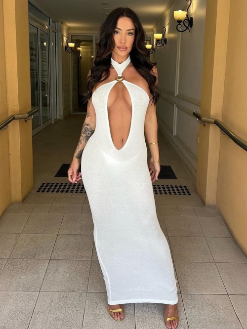 Sexy White Halter Hollow Out Backless Maxi Dress Women Elegant Ribbed Knit Bodycon Long Dress With Gold Shell Metal Buckle For Party Club Summer Vacation