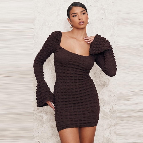 Women Sexy Popcorn Fabric Square Neck Mini Dress Long Flare Sleeve Hollow Out Solid Color Bodycon Streetwear Party Clubwear Short Dress