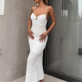 Sexy Women White 3D Textured Maxi Dress With Gold Ring Decor Elegant V Neck Bodycon Cami Dress Summer Party Clubwear Sleeveless Backless Evening Long Dress