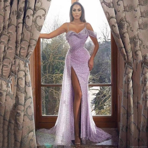 Women's Elegant Violet Sequin Evening Gown Sleeveless V-Neck High Slit Maxi Dress Luxury Party Prom Formal Dress For Wedding Banquet Ladies