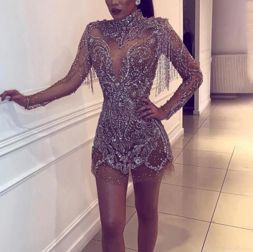 Women's Sexy Backless Sequin Mini Dress With Tassels Long Sleeve High Neck Sparkling Beaded Mesh Cocktail Party Evening Club Bodycon Dress