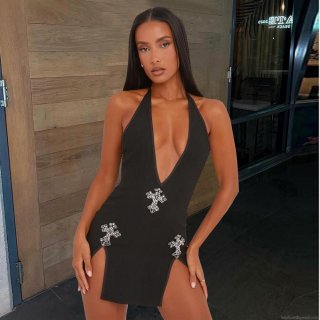 Sexy Halter Mini Dress Rhinestone Cross V-Neck Backless Slim Fit Bodycon Side Slit Summer Party Clubwear For Women Gothic Punk Style Outfit