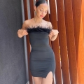 Sexy Black Tube Top Bodycon Mini Dress with Feather Trim Backless Hollow Out Side Slit Party Clubwear Dress for Women