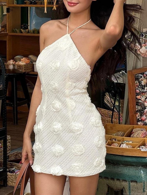 Women Sexy White Halter Neck Mini Dress With 3D Rose Flower Backless Knit Sleeveless Bodycon Party Dress For Summer Vacation Clubwear