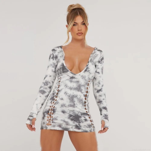 Women Sexy Deep V-Neck Tie-Dye Mini Dress Long Sleeve Hollow Out Lace-Up Bodycon Dress Modal Polyester Spandex Slim Fit Streetwear Party Club Dress