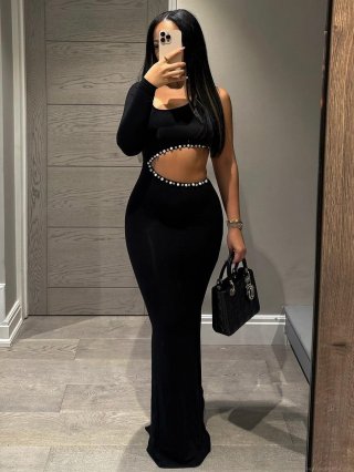 Women Sexy One Shoulder Long Sleeve Cutout Maxi Dress With Pearl Rhinestone Decor Elegant Slim Fit Party Evening Bodycon Long Dress