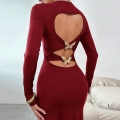 Women Sexy Bodycon Maxi Dress Long Sleeve Heart Backless Cutout With Gold Butterfly Buckle Knit Burgundy Evening Party Dress Night Club Wear