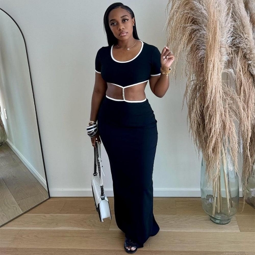 Women Sexy Waist Cutout Maxi Dress Short Sleeve Contrast Piping Knitted Bodycon Dress With Pearl Chain Decoration For Street Party Clubwear