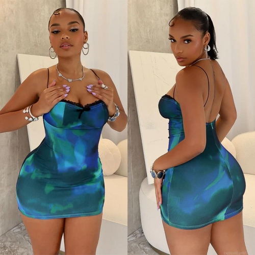 Sexy Backless Abstract Printed Mini Dress Women Polyester Milk Silk Cami Bodycon Dress With Lace Trim Bow For Summer Party Clubwear