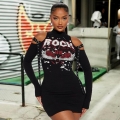 Women's Rock Music World Tour Print Mini Dress Cold Shoulder Long Sleeve Ribbed Knit Bodycon Dress With Metal Eyelet Straps Punk Streetwear For Women Party Club