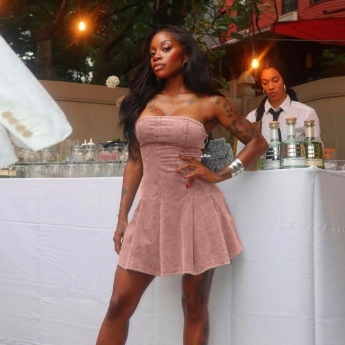 Women Sexy Backless Denim Strapless Mini Dress Washed Cotton Blend Sleeveless Bodycon Party Skirt for Summer Outdoor Social Gathering