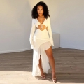 Sexy White Cut Out Long Sleeve Maxi Dress Women Streetwear Deep V Neck Drawstring Irregular Ruffle Mermaid Hem Party Club Dress