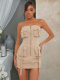 Women's Sexy Utility Tube Top Mini Dress Backless Bodycon Zip Up Cargo Dress With Pockets Cotton Blend Woven Fabric Streetwear Clubwear