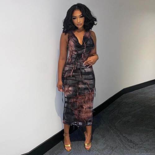 Women's Sexy Halter Hooded Backless Maxi Dress Distressed Knit Slit Bodycon Streetwear Party Long Dress With Abstract Ink Print