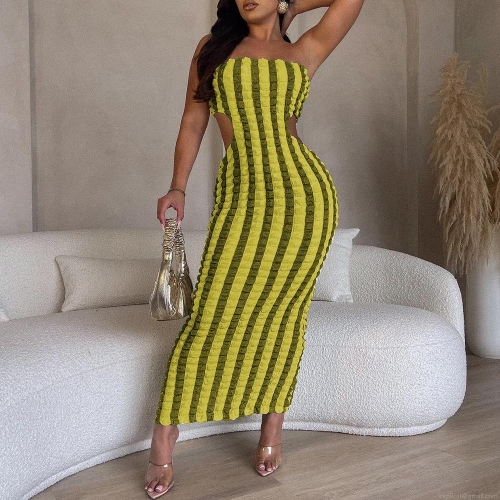 Women Sexy Striped Popcorn Fabric Tube Top Midi Dress Hollow Out Backless Bodycon Slim Fit Party Club Dresses Summer Sleeveless Dress