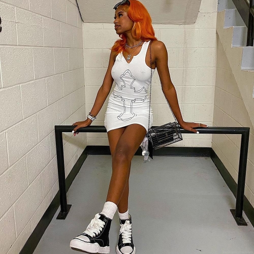 Women Sexy Ribbed Bodycon Mini Dress Sleeveless U Neck Cross Print Summer Streetwear Club Party Slim Fit Vest Dress