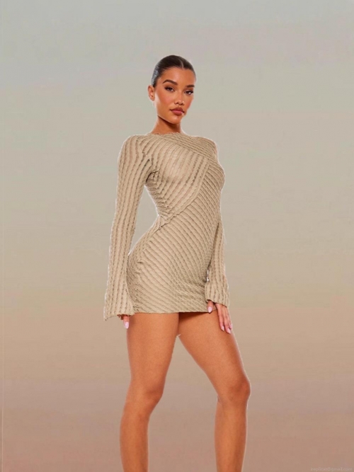 Women Sexy Long Sleeve Mini Dress Solid Khaki Knit Bodycon Dress Slim Fit Round Neck Textured Hip Hugging Short Dress For Party Clubwear