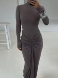 Women's Sexy Turtleneck Long Sleeve Ruched Bodycon Maxi Dress Slim Fit Solid Color Floor Length Evening Party Pencil Dress Elegant Fall Winter Gown