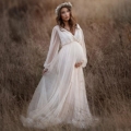 White Mesh Polka Dot Maternity Maxi Dress Deep V Neck Long Sleeve Perspective Wedding Photography Elegant Long Gown For Pregnant Women Plus Size