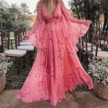 Pink Floral V-Neck Long Sleeve Maternity Maxi Dress Elegant Chiffon Swing Gown for Photoshoot Casual Wedding Party Occasion Women Dress