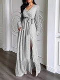Elegant Silver V-Neck Sequin Maxi Dress For Women Long Sleeve High Split Wrap Party Evening Dress With Waist Tie Shiny Sparkly A-Line Gown