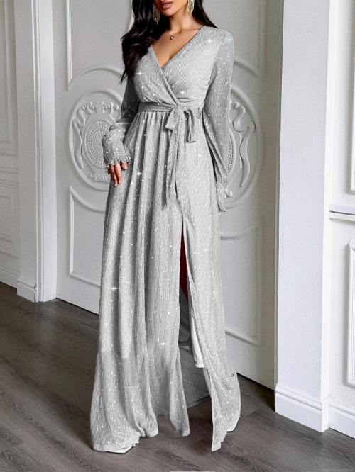 Elegant Silver V-Neck Sequin Maxi Dress For Women Long Sleeve High Split Wrap Party Evening Dress With Waist Tie Shiny Sparkly A-Line Gown